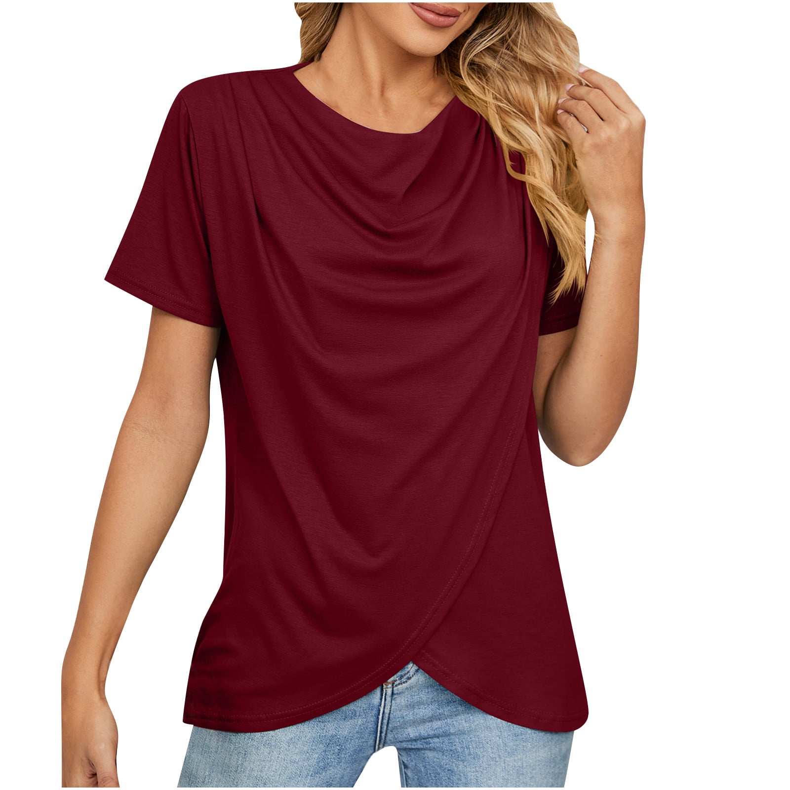 トップス KAVAL Round neck blouse YYDGH Women's Cowl Neck Short Sleeve T Shirt Wrap Front Slit