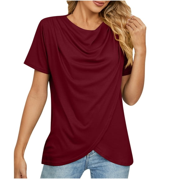 YYDGH Women's Cowl Neck Short Sleeve T Shirt Wrap Front Slit Casual Blouse Summer Solid Color Tops Red S