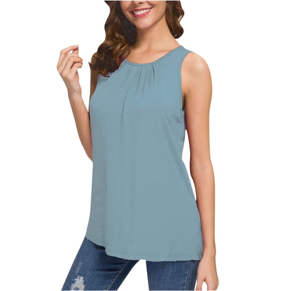 YYDGH Women's Crew Neck Pleated Tank Top Sleeveless Solid Color Tops Summer Work Office Blouses Sky Blue L