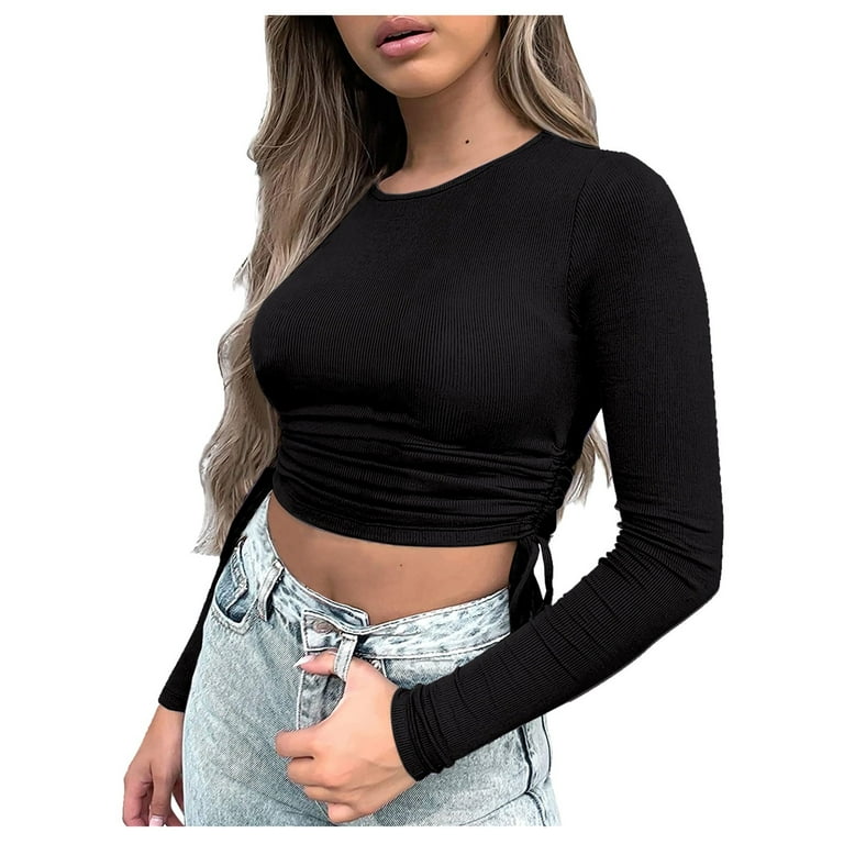 YYDGH Women's Crew Neck Ruched Side Drawstring Crop Top Long Sleeve Ribbed  Fitted Crop T-Shirt Cute Solid Color Bodycon Tops Black L