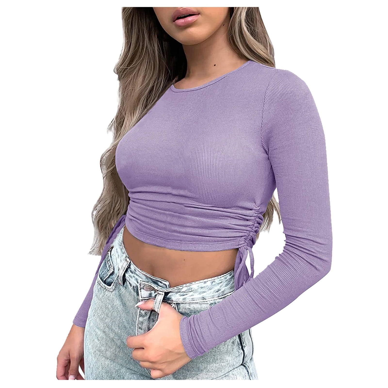 YYDGH Women's Button Front V Neck Long Sleeve Slit Hem Crop Top Solid Color  Ribbed Knit T-Shirt Black S 