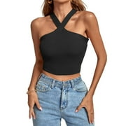 YYDGH Women's Criss Cross Halter Crop Top Ribbed Knit Fitting Tank Top Solid Color Sleeveless Tee Shirt Summmer Tops Green XXL