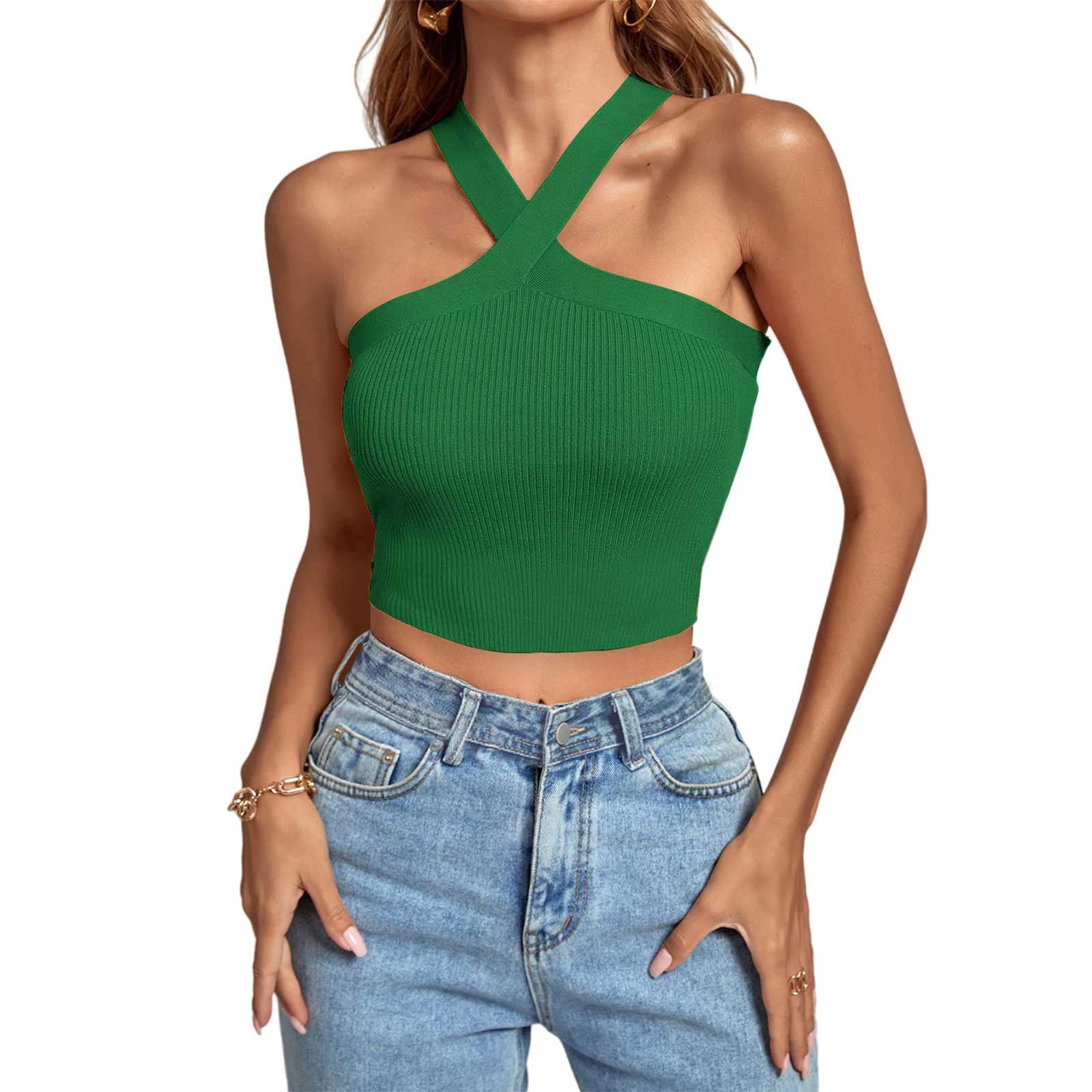 YYDGH Women's Criss Cross Halter Crop Top Ribbed Knit Fitting Tank