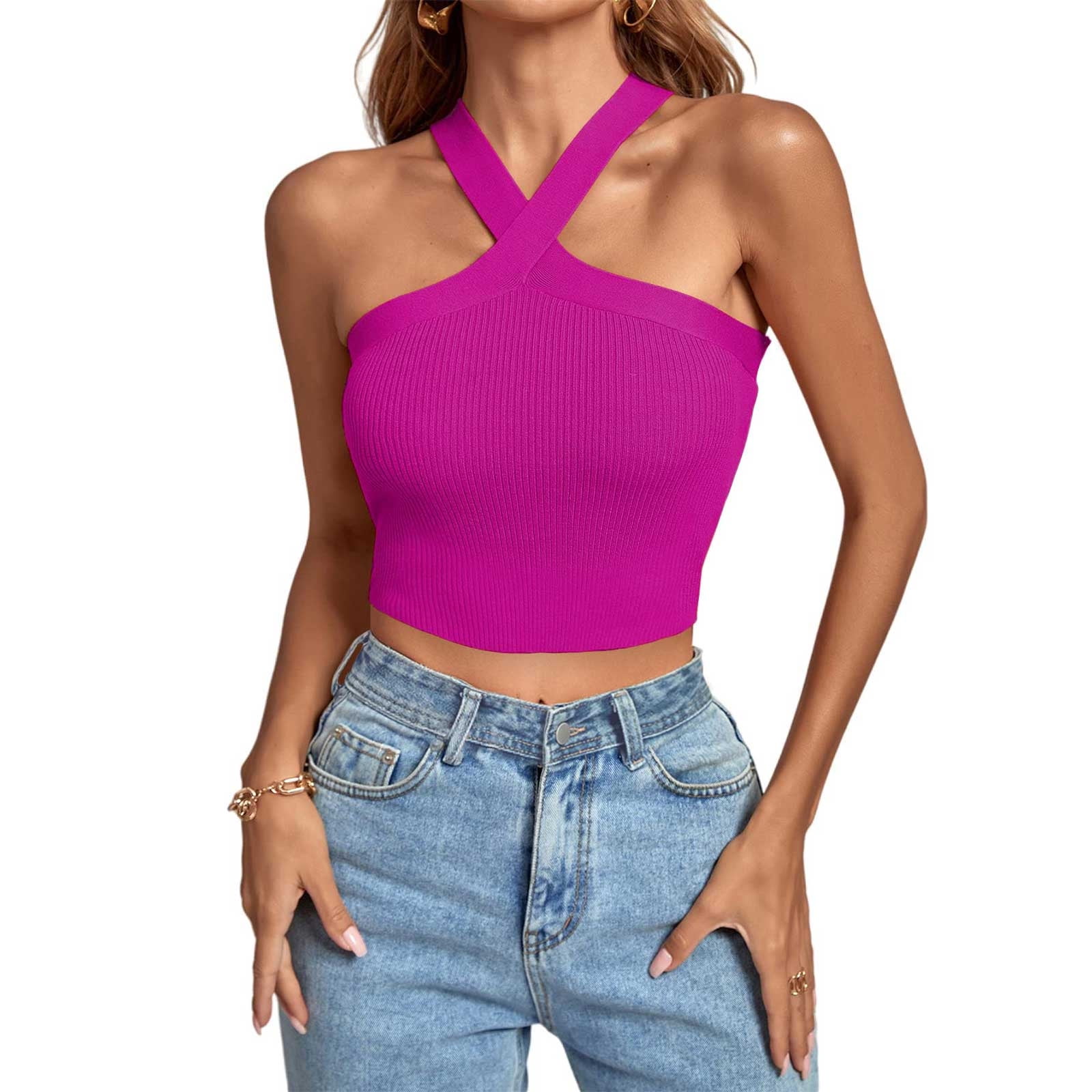 YYDGH Women's Criss Cross Halter Crop Top Ribbed Knit YYDGH Women's Criss Cross Halter Crop Top Ribbed Knit
