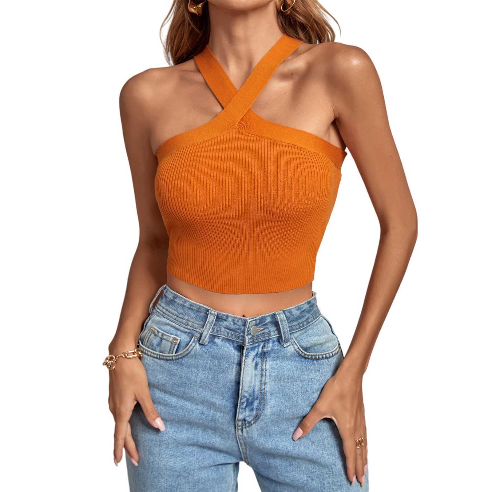 24SS新作★KIRSH★COLLECTION PRINTED DOUBLE STRING SLEEVELESS YYDGH Women's Criss Cross Halter Crop Top Ribbed Knit