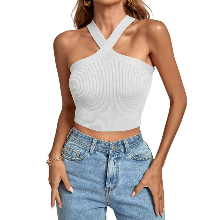 YYDGH Women's Criss Cross Halter Crop Top Ribbed Knit Fitting Tank Top  Solid Color Sleeveless Tee Shirt Summmer Tops White XL