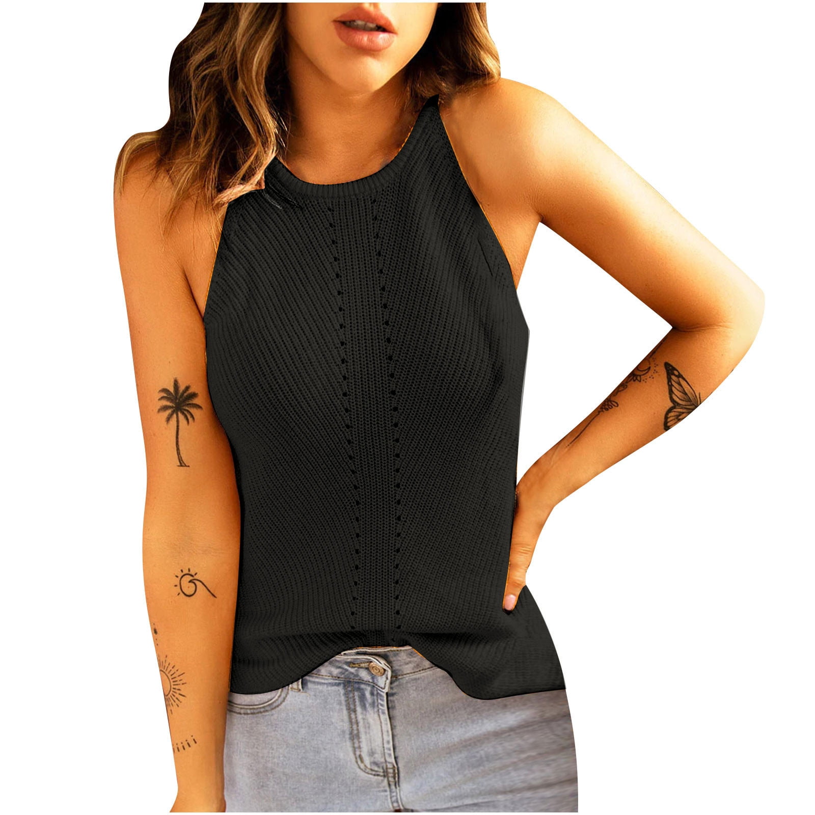 YYDGH Women's Knit Crop Top Ribbed Sleeveless Halter Neck Vest Tank Top  Black S