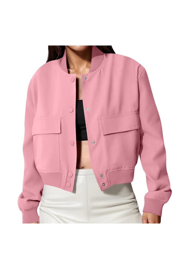 Women's Cropped Bomber Jacket Casual Button Down Coat with Pockets Trendy Varsity Y2k Jackets Fall Spring Outfits
