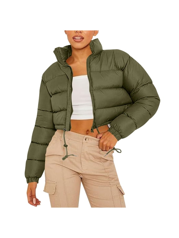 Women's Cropped Puffer Jacket Zip Up Stand Collar Short Quilted Down Jackets Winter Warm Bubble Coat with Pockets