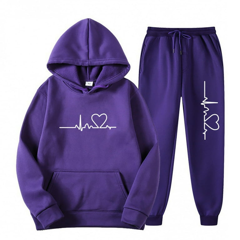 YYDGH Women s Cute Heart 2 Piece Outfits Long Sleeve Hooded Pullover Sweatshirt and Sweatpants Set Tracksuit Fashion Clothes Purple S