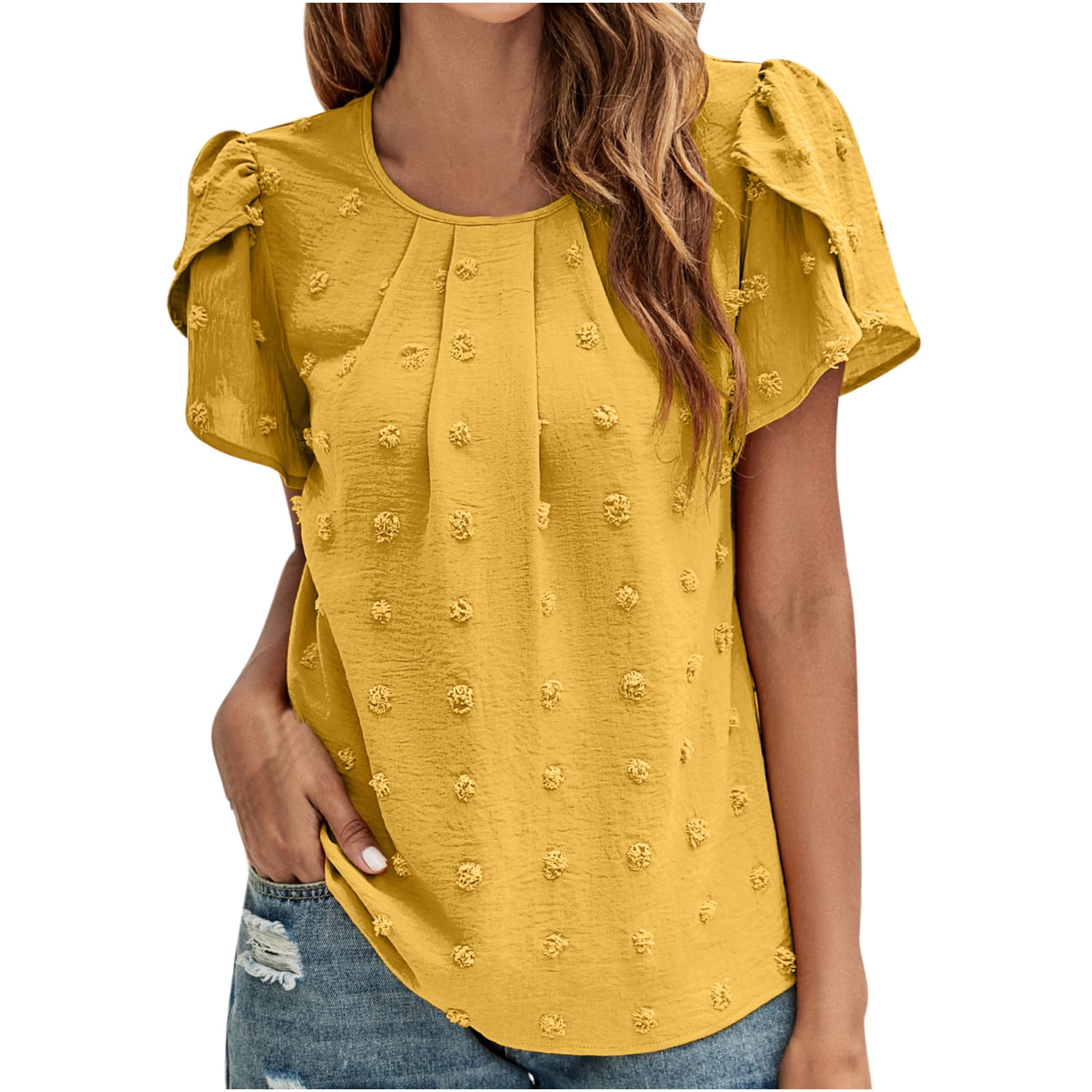 YYDGH Women s Cute Swiss Dot Casual Summer Tops Crew Neck Short Sleeve Blouses Solid Color Loose Fit Shirts Tees Yellow XL