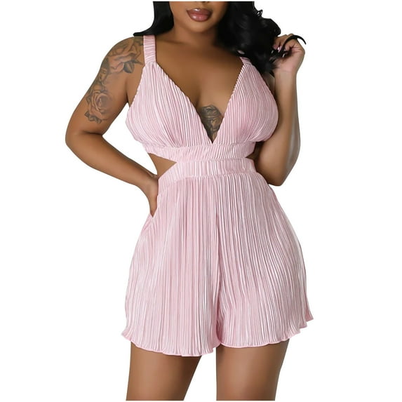 YYDGH Women's Deep V Neck Sleeveless Romper Solid Color Waist Cut Out Short Jumpsuit Pink S