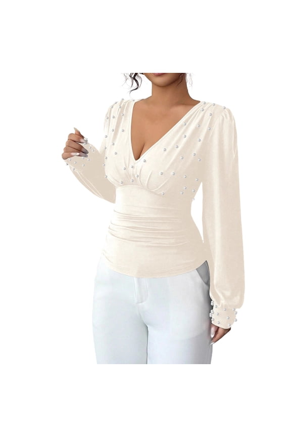 Women's Deep V Neck Tops Wrap Ruched Long Sleeve T Shirts Dressy Elegant Casual Party Blouses with Pearls White XXL
