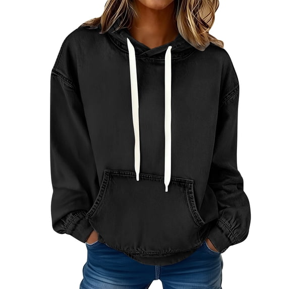 YYDGH Women's Denim Hoodies Long Sleeve Drawstring Hooded Jean Sweatshirts Casual Loose Fit Pullover Tops with Pockets Black XXL