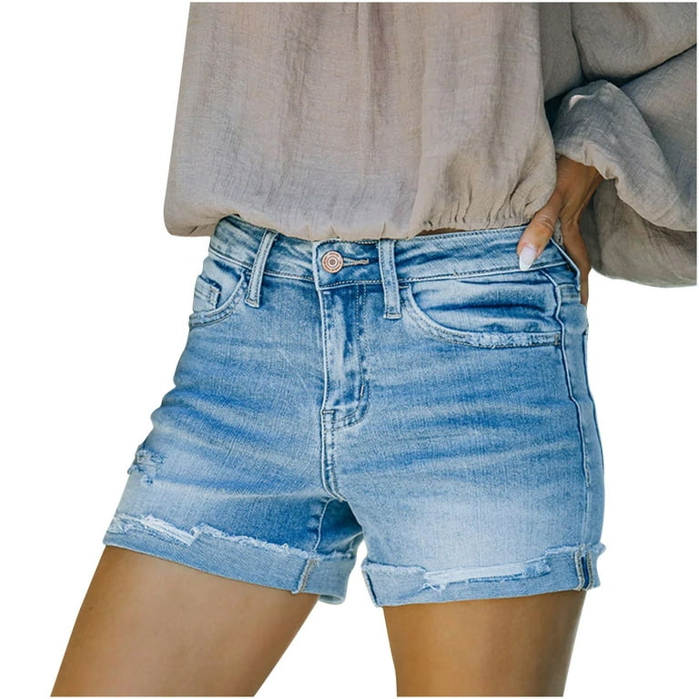 YYDGH Women's Denim Shorts Casual Mid Waist Ripped Jean Shorts Frayed Raw  Hem Distressed Stretchy Short Jeans Blue L 