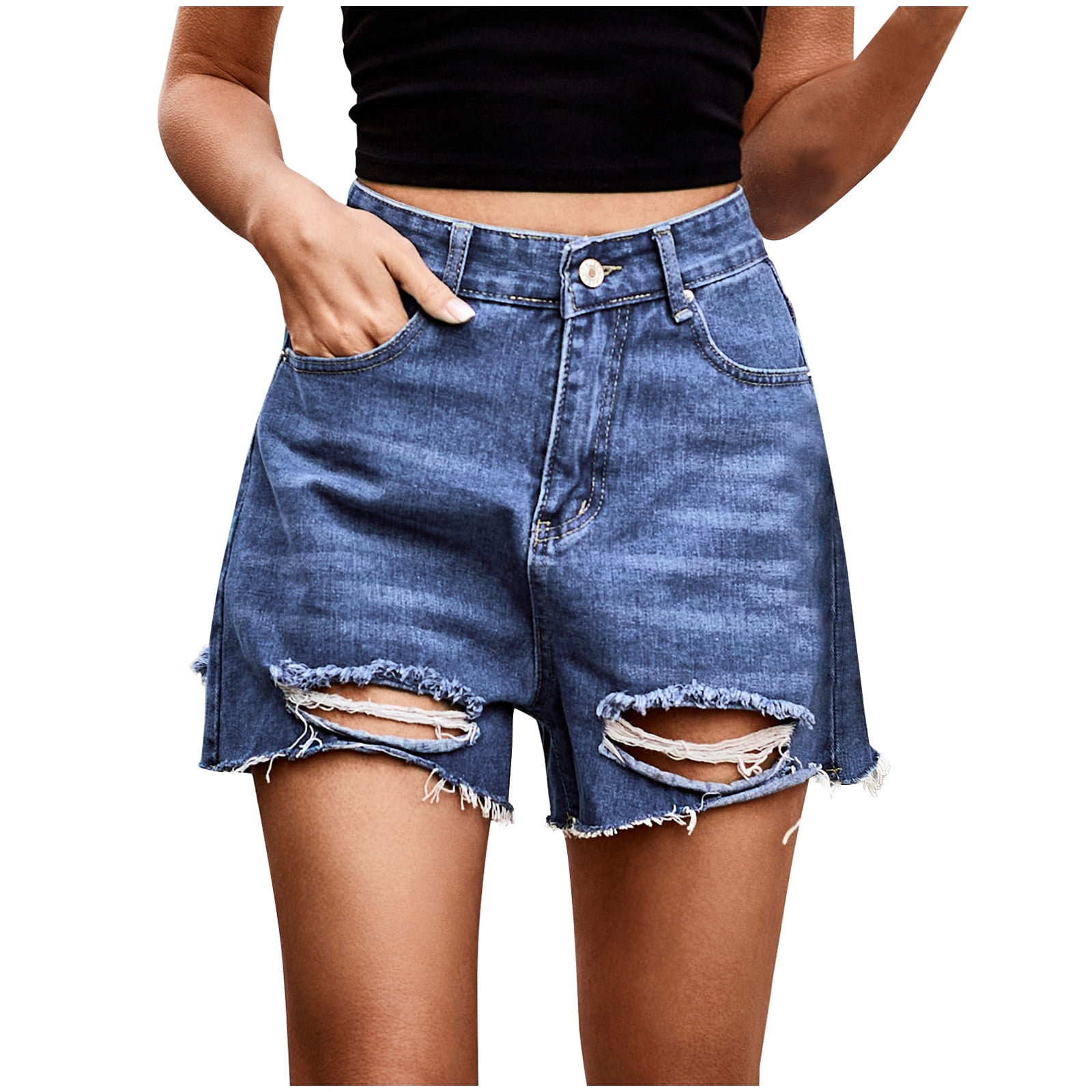 YYDGH Women's Denim Shorts Casual Mid Waist Ripped Jean Shorts Frayed Raw  Hem Distressed Stretchy Short Jeans Light Blue M