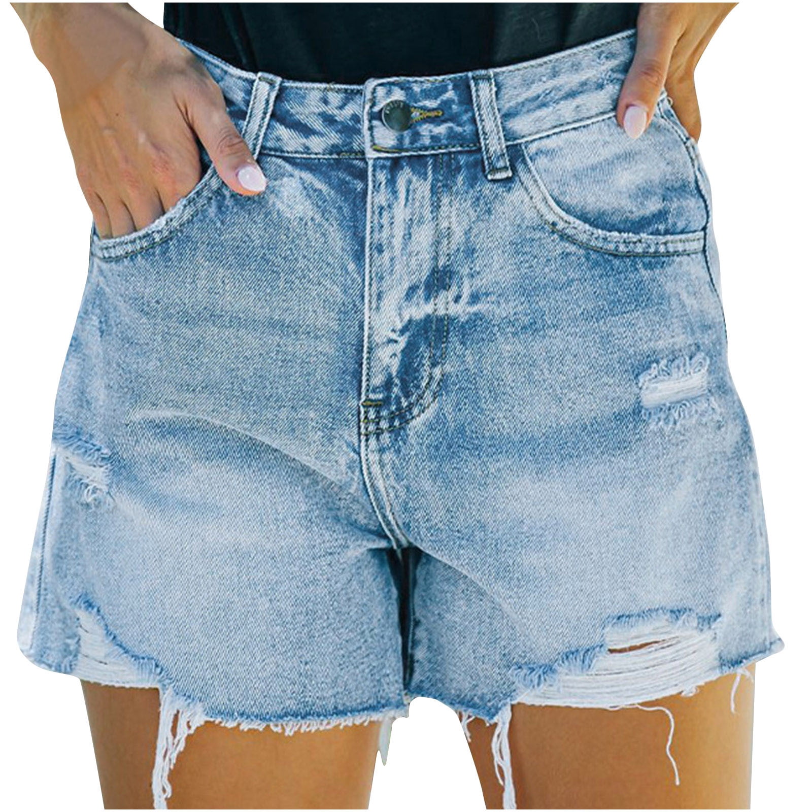 YYDGH Women's Denim Shorts Casual Mid Waist Ripped Jean Shorts Frayed Raw  Hem Distressed Stretchy Short Jeans Light Blue M 