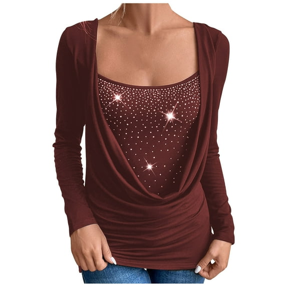 YYDGH Women's Draped Cowl Neck Ruched Front Tops Rhinestone Sparkly Long Sleeve Blouses Dressy Causal Slim Fitted Shirts Wine L