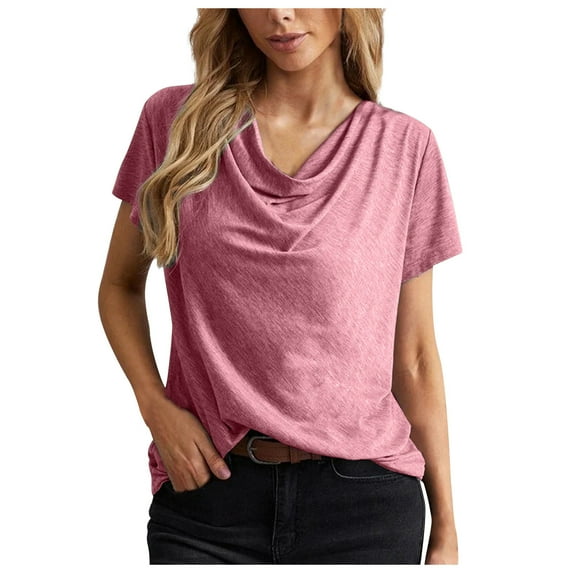 YYDGH Women's Draped Cowl Neck Ruched Tops Short Sleeve Solid Color Blouse Summer Casual Shirts Pink XL