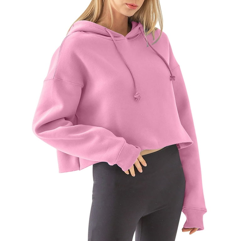 YYDGH Women s Drawstring Cropped Hoodie Casual Solid Color Hoodies Workout Crop Tops Sweatshirt Long Sleeve Crop Top Pink S Walmart