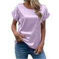 thumbnail image 1 of YYDGH Women's Elegant Round Neck Rolled Short Sleeve Satin Silk Blouse Tops Purple L, 1 of 5