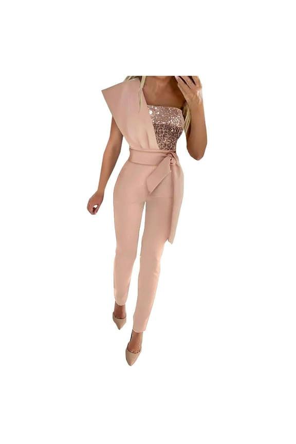 Women's Elegant Sleeveless One Shoulder Sequin Romper High Waist Belt Long Jumpsuit Pink S