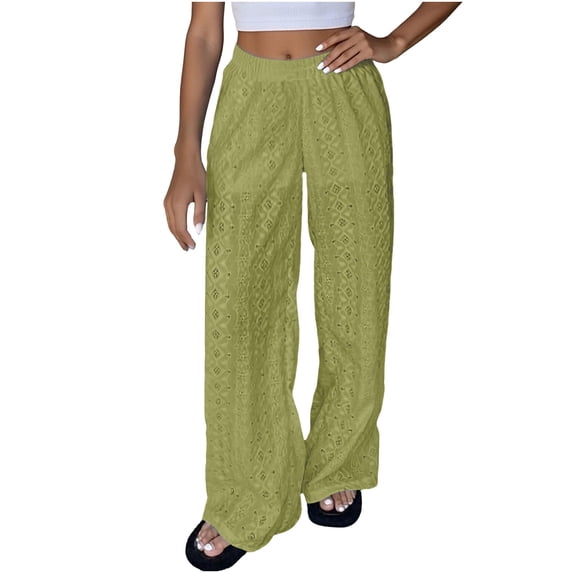 YYDGH Women's Eyelet Embroidered Pants Wide Leg Drawstring Elastic Waist Palazzo Pant Casual Loose Lace Lounge Trousers