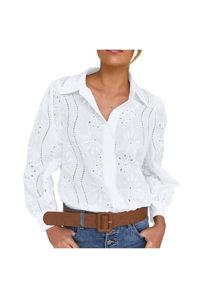 Women's Eyelet Hollow Out Lace Tops Puff Long Sleeve Button Down Shirts Spring Summer Dressy Causal Business Work Out Blouse White M
