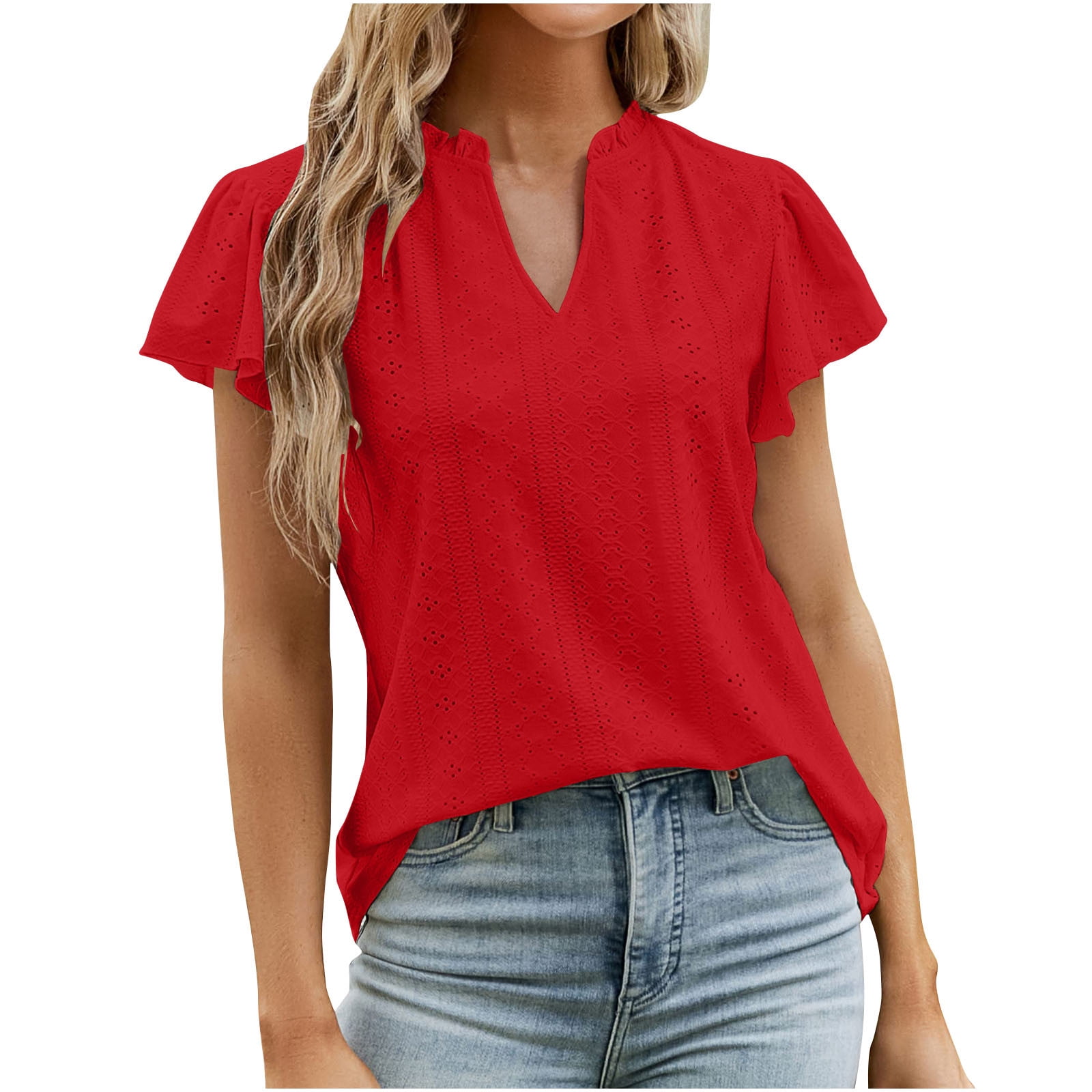 YYDGH Women s Eyelet Shirts V Neck Ruffle Short Sleeve Blouses Dressy Summer Casual Tops Red XL