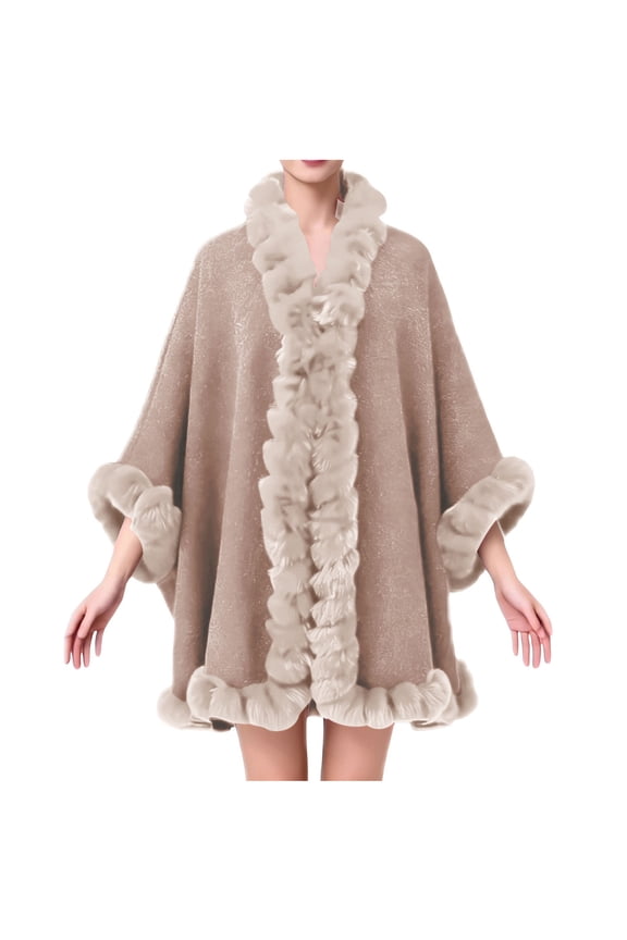 Women's Faux Fur Shawl Wrap Winter Cape Poncho with Fur Trim Sleeveless Cardigan Dressy Cloak Coats