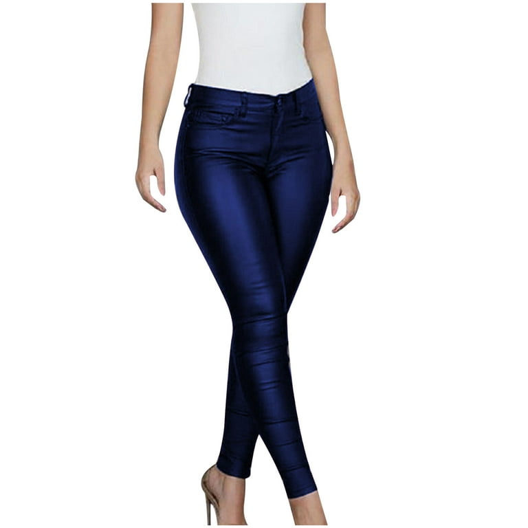 YYDGH Women's Faux Leather Skinny Pants Button Front High Waisted PU  Leather Leggings Pants Dark Blue L 