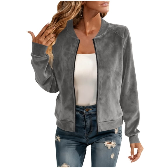 YYDGH Women's Faux Suede Short Bomber Jacket Stand Collar Zip Up Coat Casual Lightweight Jacket Outerwear