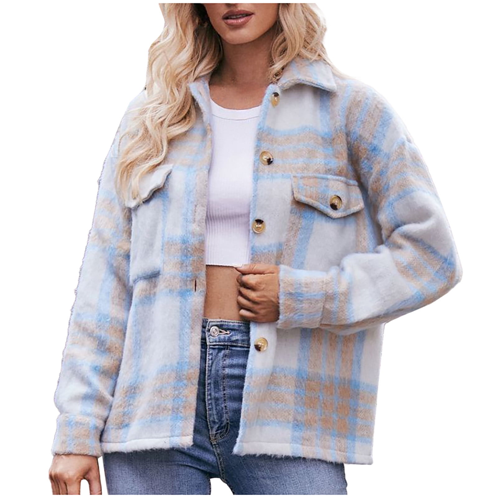 YYDGH Women's Flannel Wool Blend Plaid Shacket Long Sleeve Button