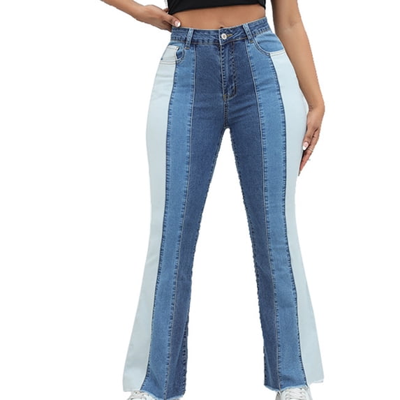 YYDGH Women's Flare Bell Bottom Jeans Color Block High Waisted Button Jeans Wide Leg Bootcut Stretchy Denim Pants S