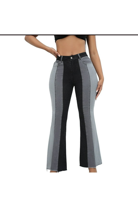 Women's Flare Bell Bottom Jeans Color Block High Waisted Button Jeans Wide Leg Bootcut Stretchy Denim Pants XXL