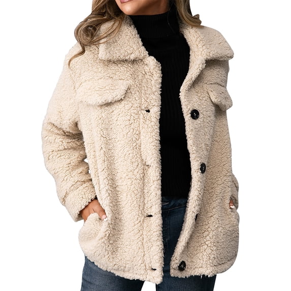 YYDGH Women's Fleece Sherpa Jacket Faux Fur Lapel Button Down Jackets Long Sleeve Winter Coats Pockets Casual Trendy Outerwear with Pockets