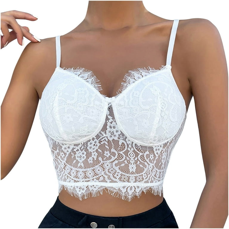 YYDGH Women's Floral Embroidery Contrast Lace Cami Crop Top Spaghetti Strap Sheer  Mesh Corset Bustier Tops Bralette White S 