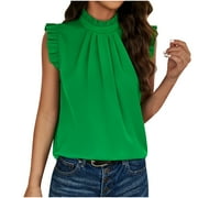 YYDGH Women's Frill Mock Neck Tank Tops Summer Pleated Sleeveless Dressy Work Office Shirt Casual Blouses Green S