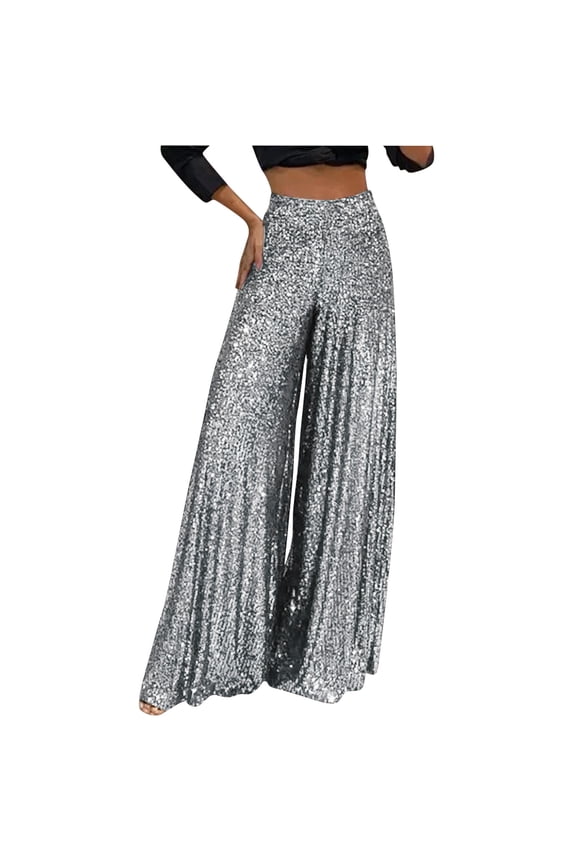 Women's Glitter Sequin Pants Sparkly Long Loose Wide Leg Trousers Bling Party Clubwear Elastic High Waist Casual Pants Silver L