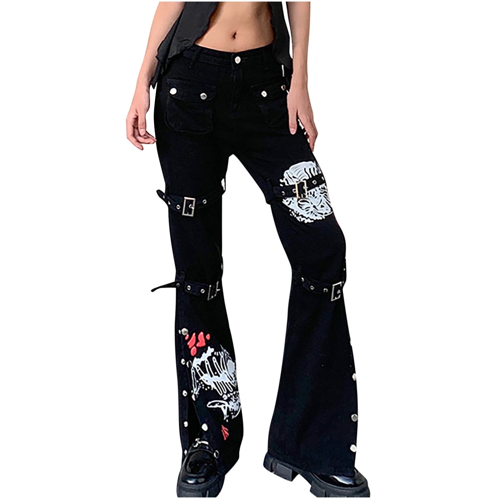Huakaishijie Women Cargo Pants Goth Baggy Jeans Wide Leg Gothic Pants Tripp  Pants Punk Hip Hop Pants 