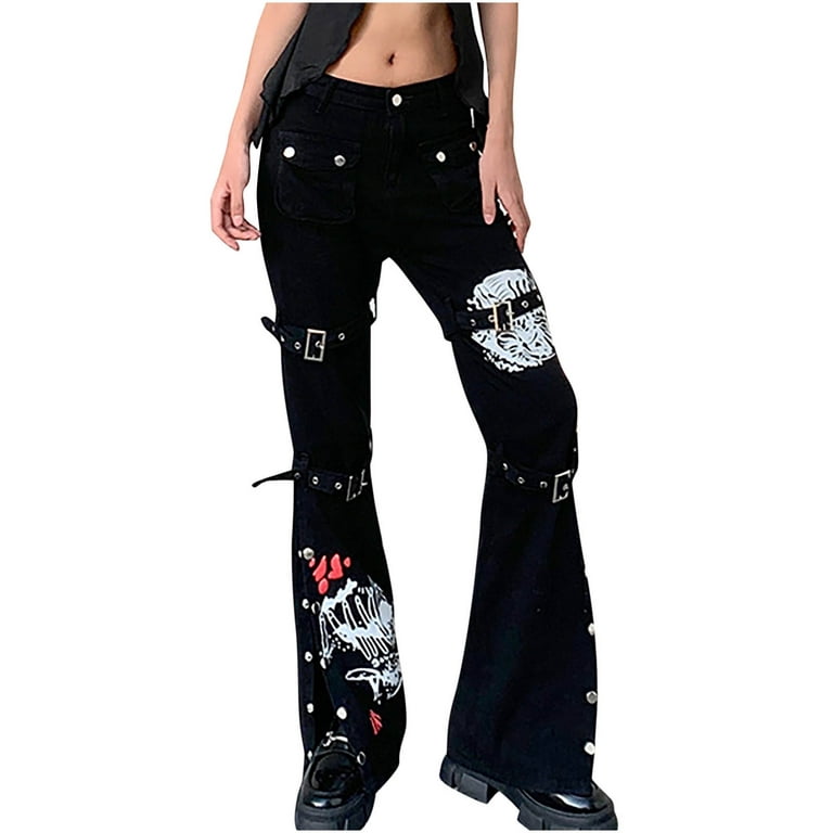 YYDGH Women's Goth Baggy Jeans Wide Leg E-Girl Grunge Gothic Pants Harajuku  Y2k Tripp Pants Punk Streetwear Black M 