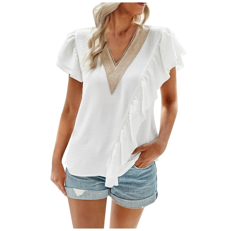 YYDGH Women's V Neck Lace Trim Button Tops Casual Dressy Short