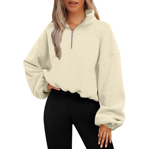 YYDGH Women's Half Zip Crop Pullover Sweatshirt Fleece Loose Fit Workout Tops with Pockets Drawstring Hem Beige M