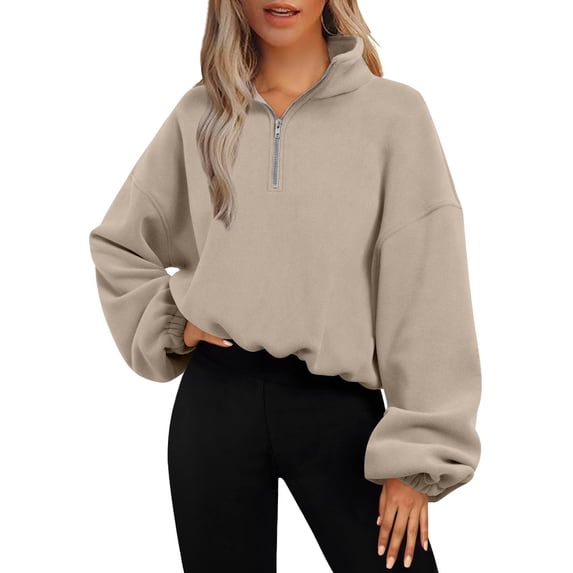 YYDGH Women's Half Zip Crop Pullover Sweatshirt Fleece Loose Fit Workout Tops with Pockets Drawstring Hem Khaki S