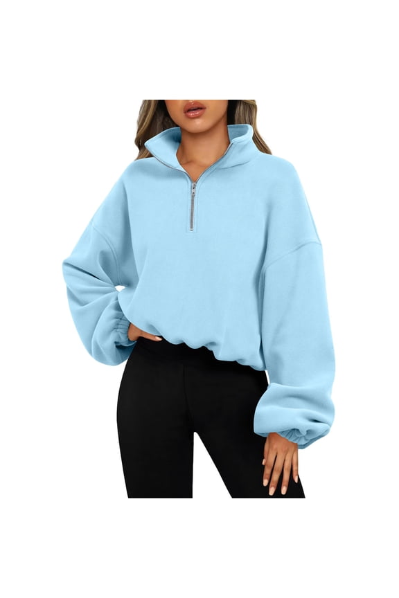 Women's Half Zip Crop Pullover Sweatshirt Fleece Loose Fit Workout Tops with Pockets Drawstring Hem Light Blue M