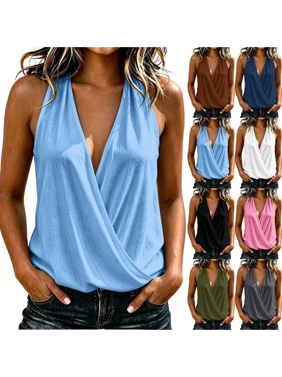 Women's Halter Wrap Front Tank Top Cotton Linen Sleeveless Loose Fit Casual Blouse Cowl Neck Summer Going Out Tank Top Streetwear