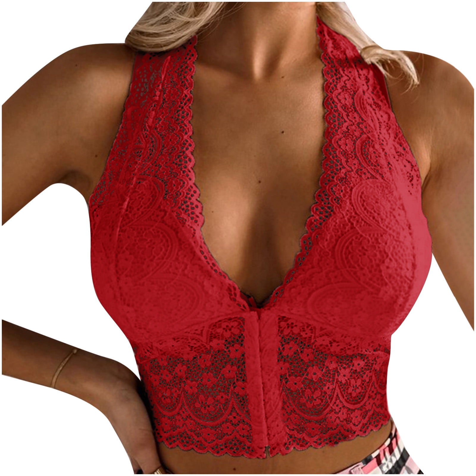 YYDGH Women's High Neck Deep V Lace Bralette Padded Lace