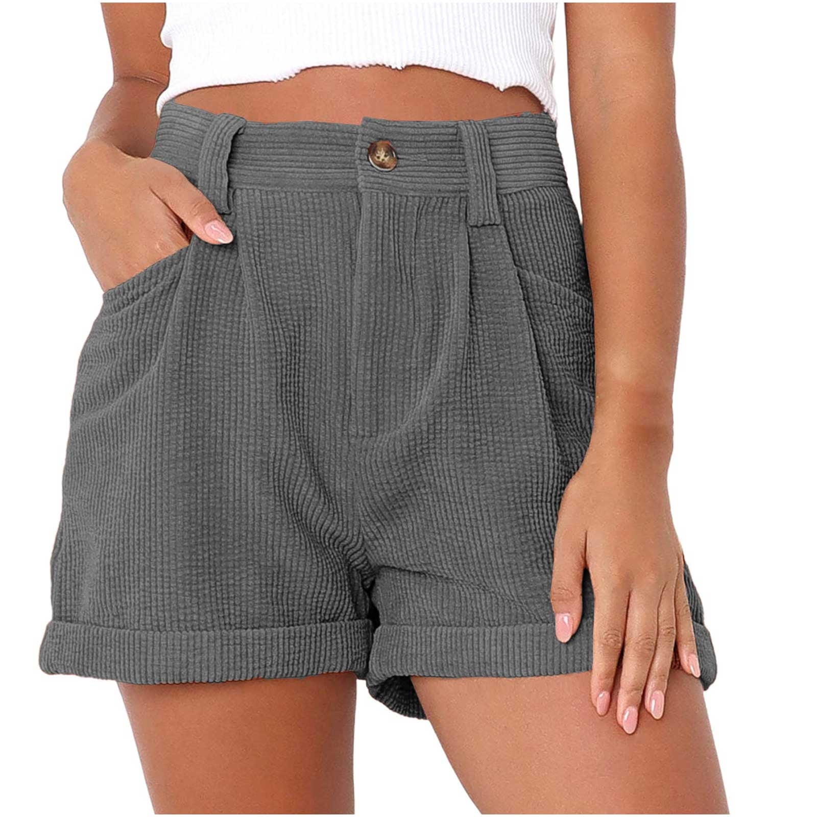 YYDGH Women's High Waist Cuffed Hem Corduroy Shorts Summer Casual Wide Leg Solid  Color Shorts with Pockets Gray S 