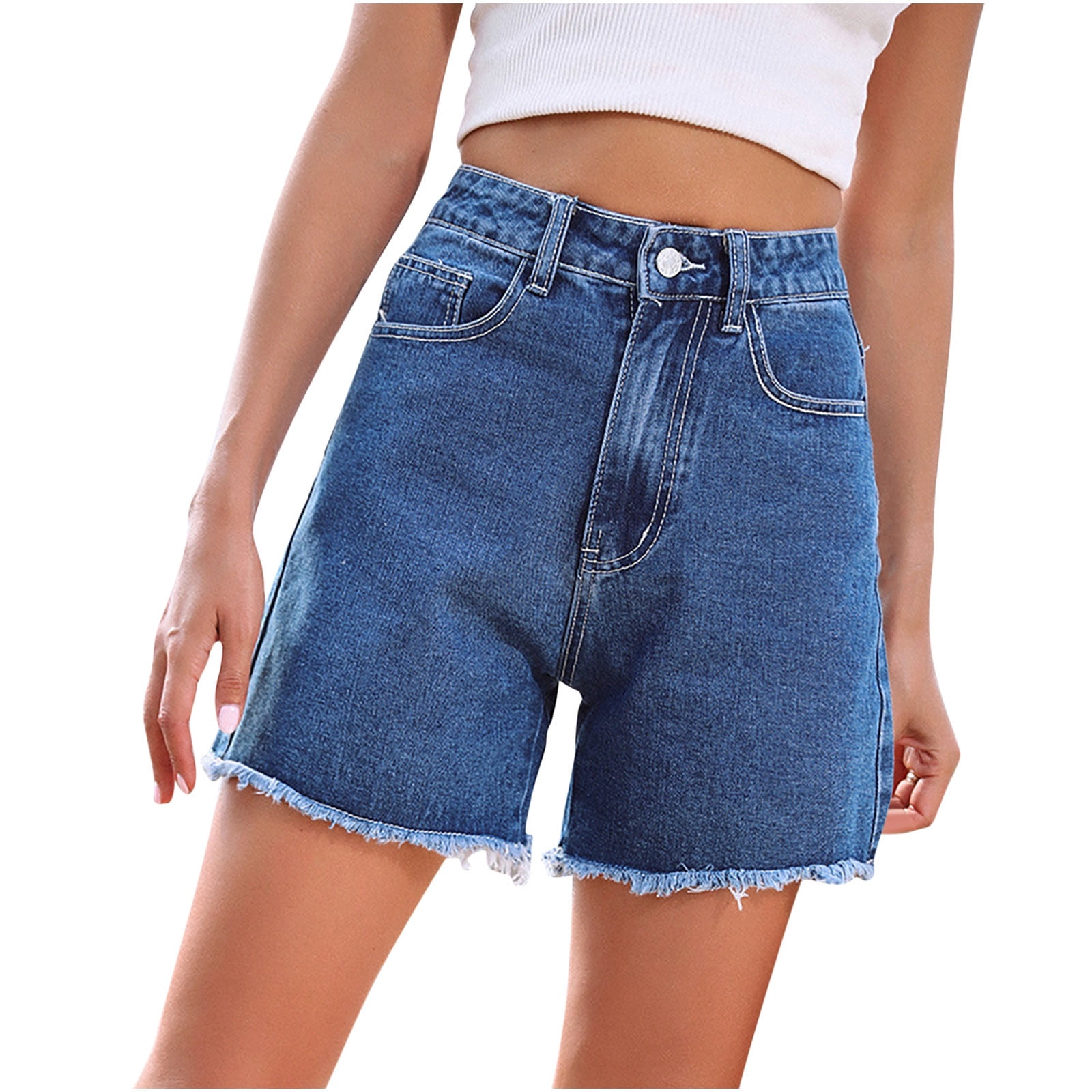 YYDGH Women's High Waist Denim Shorts Straight Leg Raw Hem Jean Shorts  Summer Hot Pants with Pockets Dark Blue S - Walmart.com