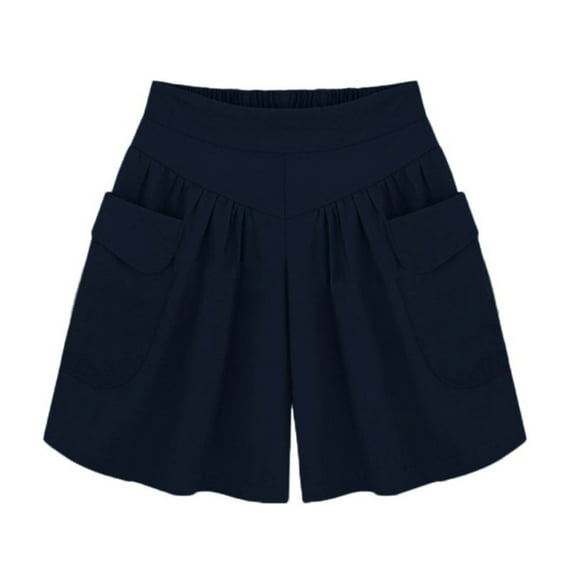 YYDGH Women's High Waist Wide Leg Shorts Solid Color Summer Casual Comfy Ruffle Loose Shorts Pants Navy Blue XXL